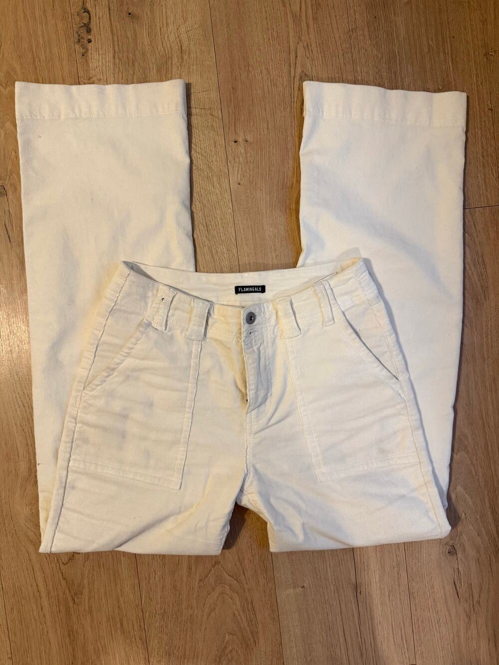 Flamingals White Corduroy Pants Size Small High Rise Straight Leg